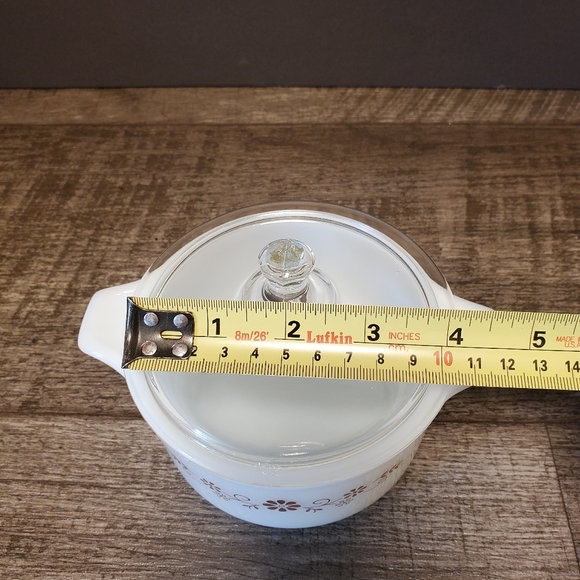 Dynaware Vintage Pyr-o-rex Small Milk Glass Baking Dish with Lid. Brown Floral - Picture 4 of 6